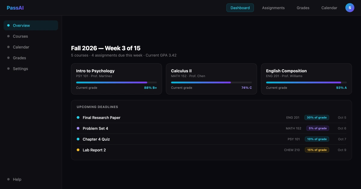 PassAI AI semester planner dashboard showing full semester view