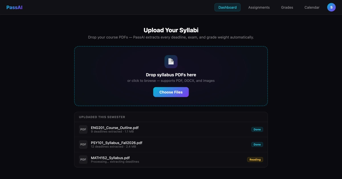 PassAI syllabus upload screen — drop PDF or Word doc to extract deadlines