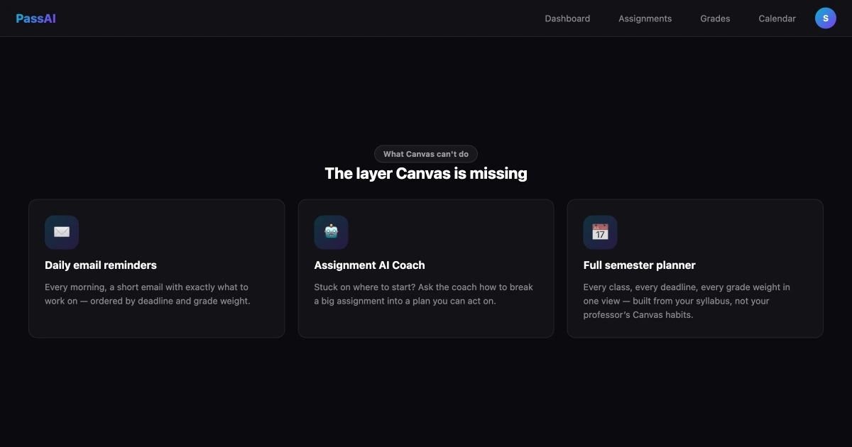 PassAI features — daily email reminders, AI coach, and semester planning for college students